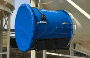 Fan with a blue cover.