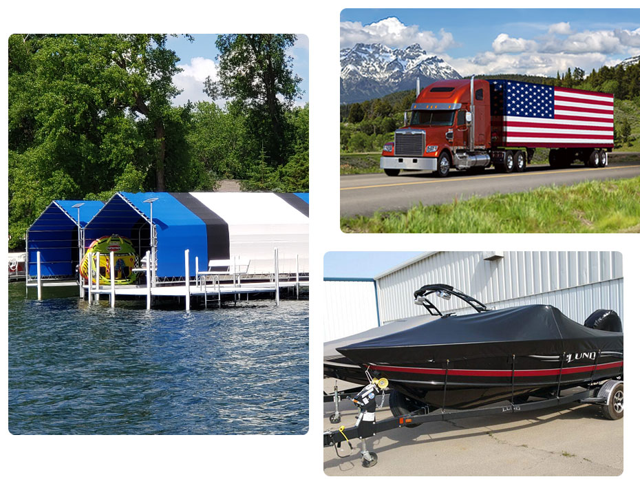 TRS-Hero-Image Photo collage showing a boat canopy on a lake dock, a red semi-truck with an American flag trailer, and a covered Lund boat on a trailer.