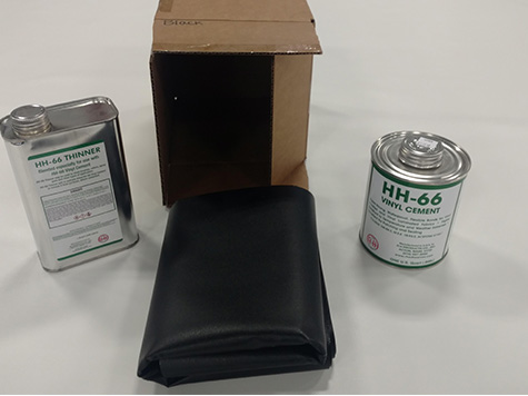 TRS_Industries_Tarp_Repair_Kits Tarp repair kit featuring vinyl material patches, HH-66 vinyl cement adhesive, and a liquid solvent container.