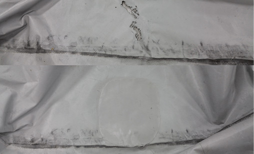 TRS_Industries_Tarp_Repair_and_Maintenance Split view comparing a torn or worn tarp seam alongside a freshly patched and repaired vinyl surface.