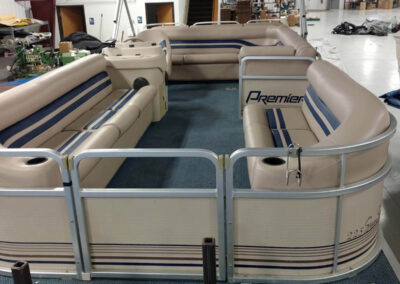View of full interior of pontoon boat seating newly upholstered