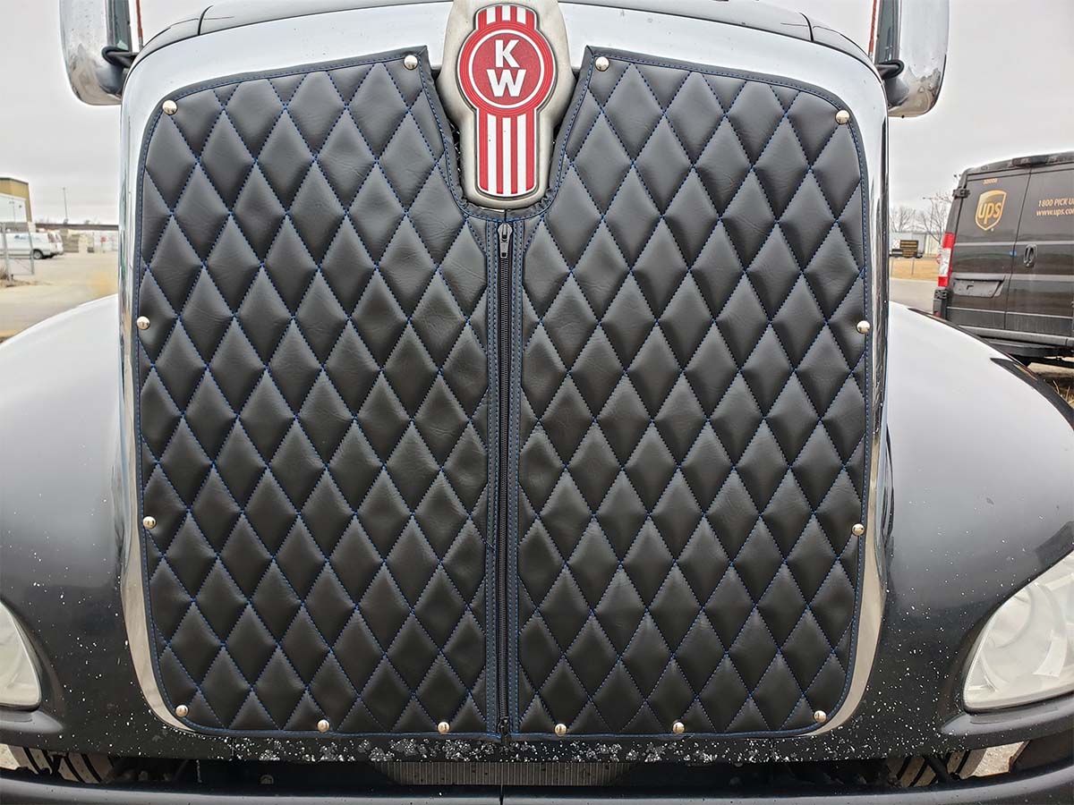quilted-semi-truck-grille-winter-front A classic semi-truck front grille with a black quilted leather winter front cover.